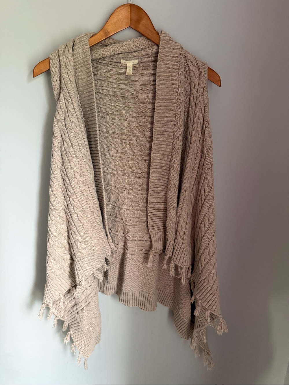Matilda Jane Cable Knit Fringe Cardigan Wrap Poncho Boho Sweater Large